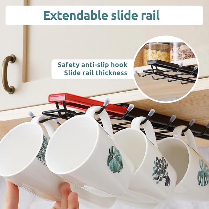 LiaMeE Sliding Mug Hooks Under Cabinet - Pull Out Coffee Cup Holder Rack with 12 Hooks, Metal Under Shelf Mug Organizer for Kitchen, Space Saving Hanging Storage (Black,2PCS)