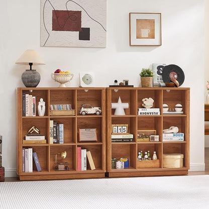 9 Cube Storage Book Shelf, 41" Tall Organizer Bookshelf with Curved Edge, Wood Floor Standing 3-Tier Cubby Bookcase with Base, Country Rustic Display Book Case for Library, Office, Brown