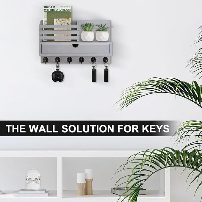 Key Holder Wall Mount, Mail Holder with Storage Drawer and 6 Key Hooks for Coat, Dog Leash, Home Decor Rack, House Accessories, Entry Way Organizer