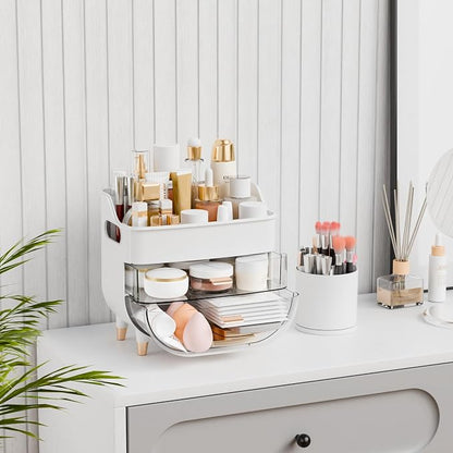 Yieach White Make up Organizer for Countertop,Vanity,Large Capacity Bathroom Makeup Skincare Organizers With Brush Holder,Makeup Storage Organizer for Lotion,Beauty Products,Skin Care,Makeup Display
