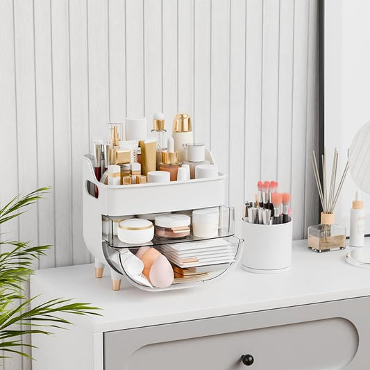 Yieach White Make up Organizer for Countertop,Vanity,Large Capacity Bathroom Makeup Skincare Organizers With Brush Holder,Makeup Storage Organizer for Lotion,Beauty Products,Skin Care,Makeup Display