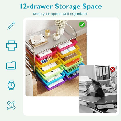 GOFLAME 12-Drawer Rolling Storage Cart, Multifunctional Art Craft Organizer Cart, Mobile Utility Storage Cart with Removable Drawers & Lockable Wheels, Craft Cart for Home Office School, Rainbow