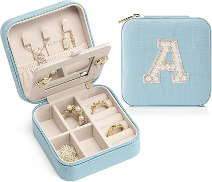 Vlando Teacher Appreciation Gifts for Women Teacher, Travel Jewelry Case for Mothers Day Gifts, Travel Essentials Small Jewelry Box, Jewelry Travel Organizer Valentines Gift Box- Letter A, Blue