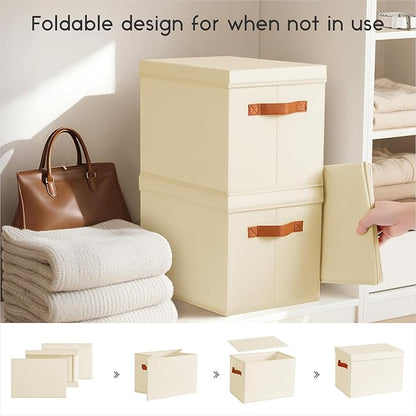 Homsorout Storage Bins with Lids - Large Fabric Closet Bins with Lid, 6 Pack Clothes Organizers and Storage, Collapsible Stackable Cube Basket for Home, Office, Dorm, Beige