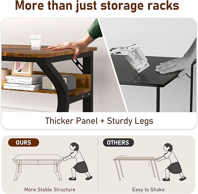 Computer Desk 47/55 Inch Home Office Desk with Storage Shelf & Cable Management, Wide Work Desk with Metal Legs for Home Office Study Bedroom (Brown-47inch)