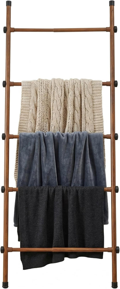 SIBRAD Expandable Blanket Ladder for Living Room, Adjustable Width (17.3"-32.3") Tall Metal Quilt Rack Wall Leaning, Rustic Brown Wood Grain 5-Tier Blanket Holder, Heavy Duty 45 Lbs Capacity