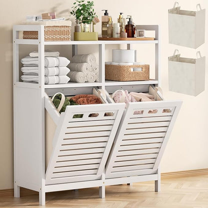 Homykic Tilt Out Laundry Hamper Cabinet, Bamboo Double Laundry Hamper with 2 Removable Laundry Baskets, 20 Gal Laundry Sorter Organizer with Shelf for Dirty Clothes, Bathroom, Laundry Room, White