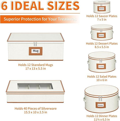 Aokeyee 6-Piece China Storage Containers Set, Hard Shell Moving Boxes for Dishes, Plates, Mugs & Flatware – Dinnerware Organizer with Soft Felt Dividers, Sturdy Handles & Zippers, Ivory