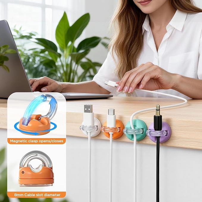 8 Pack Magnetic Cable Clips, Adhesive Cord Organizer 360° Rotatable, Desk Cable Management, Wire Holder Keeper for Nightstand, Wall, Desktop, Office, Home, Car(4 Colors)