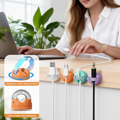 8 Pack Magnetic Cable Clips, Adhesive Cord Organizer 360° Rotatable, Desk Cable Management, Wire Holder Keeper for Nightstand, Wall, Desktop, Office, Home, Car(4 Colors)
