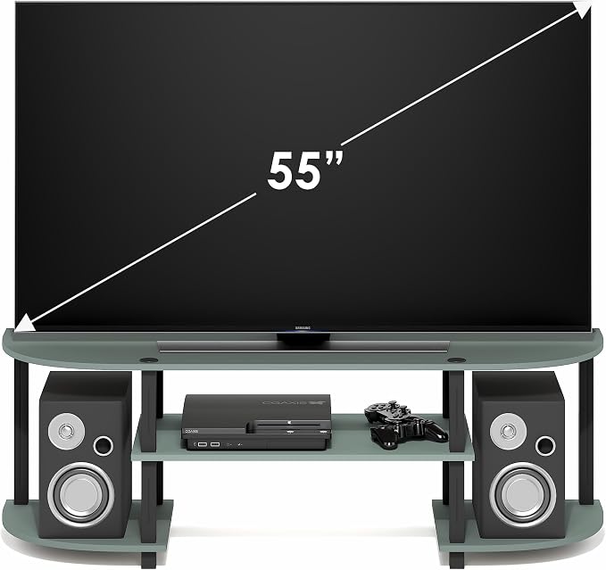 Furinno Turn-S-Tube TV Stand, 3-Tier Entertainment Center for TV up to 55 Inch, TV Console with Round Corner and Open Shelves, for Living Room, Bedroom, Sage Green