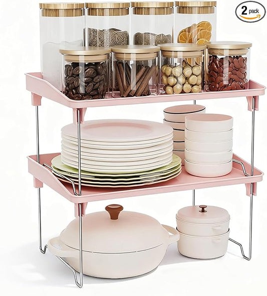 STARLATTA 2 Pcs Cabinet Organizer Shelf，Stackable Kitchen Counter Shelves, Spice Rack,Countertop Organizers，Pink Plastic Storage Shelves Rack for Makeup，Bathroom, Cupboard，Desk，Pantry Organization