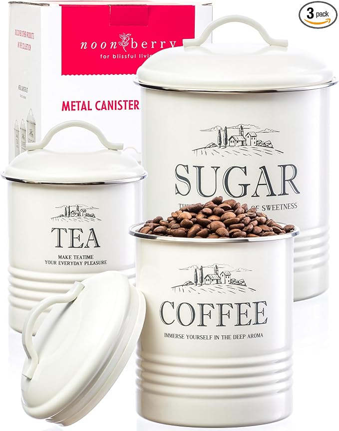 noonberry Kitchen Canisters for Countertop - 3-Piece Airtight Kitchen Canister Set - Sugar Coffee Tea Containers for Kitchen Counter - Cream-White Magnolia Finish