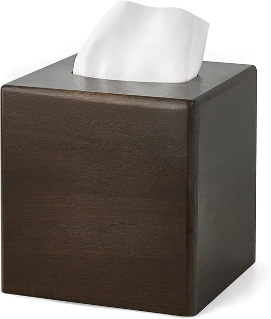 Mkono Tissue Box Cover Square Open-Bottom Wood Tissue Box Holder Decorative Facial Cube Organizer Modern Farmhouse Decor for Bathroom Bedroom Dresser Living Room Office Dorm, Dark Brown