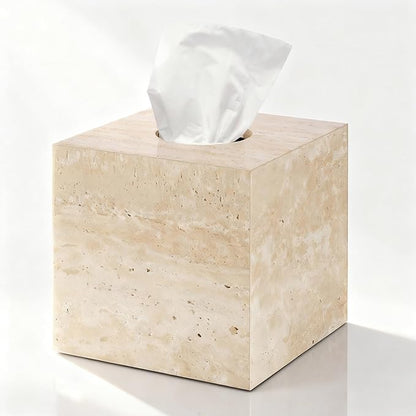 N NANSHOP Natural Travertine Marble Tissue Box Holder Cover, Square Cube Tissue Box Holder with Open Bottom for Bathroom Vanity Tops, Bedroom Dressers, Kitchen Countertop, Travertine Beige(NS022)