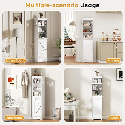 Narrow Bathroom Storage Cabinet with Door and Open Adjustable Shelves, 60.9" H Wooden Tall Tower Corner Farmhouse Cabinet, Freestanding Organizer for Kitchen, Entryway White