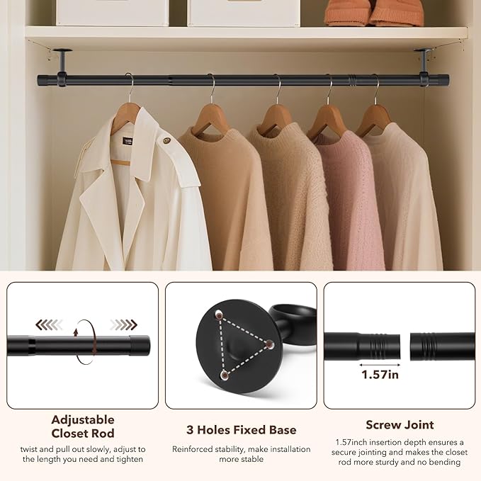 Closet Rod, Closet Rods for Hanging Clothes, 17 to 52 inch Adjustable Ceiling/Wall mounted Closet Hanging Rod, Heavy Duty Clothes Rod Clothing Bar, Closet Poles for Hanging Clothes for Wardrobe