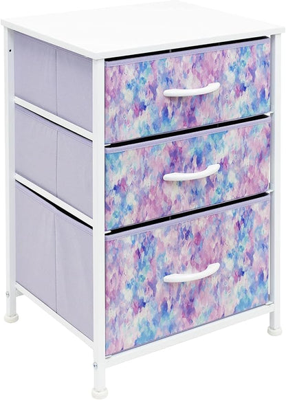 Sorbus Nightstand Storage Organizer with 3 Drawers - Kids Girls, Boys Bedroom Furniture Storage Chest for Clothes, Closet Organization - Steel Frame, Wood Top, Tie-dye Fabric Bin (Blue/Pink/Purple)
