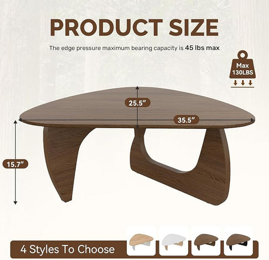 Modern Wood Coffee Table, Triangle Center Table with Premium Wooden Top& Unique Base, 35.5” Small Mid Century Tea Tables for Living Room, Apartment, Office,Walnut