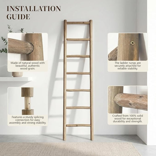 Wooden Blanket Ladder - 76in Natural Wood Color- Leaning Wall Decor for Bedroom, Bathroom, Living Room - Rustic Quilt Holder (Natural Wood Color (Knock Down), 76in(7-Rung) | Knock Down)