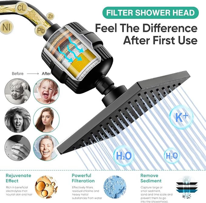 Cobbe High Pressure Filtered Shower Head Combo, Rain Shower Head with 20 Stage Shower Head Filter for Hard Water - Adjustable Replacement Remove Chlorine and Harmful Substances, Matte Black