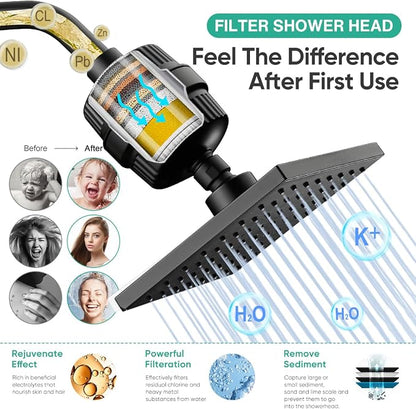 Cobbe High Pressure Filtered Shower Head Combo, Rain Shower Head with 20 Stage Shower Head Filter for Hard Water - Adjustable Replacement Remove Chlorine and Harmful Substances, Matte Black