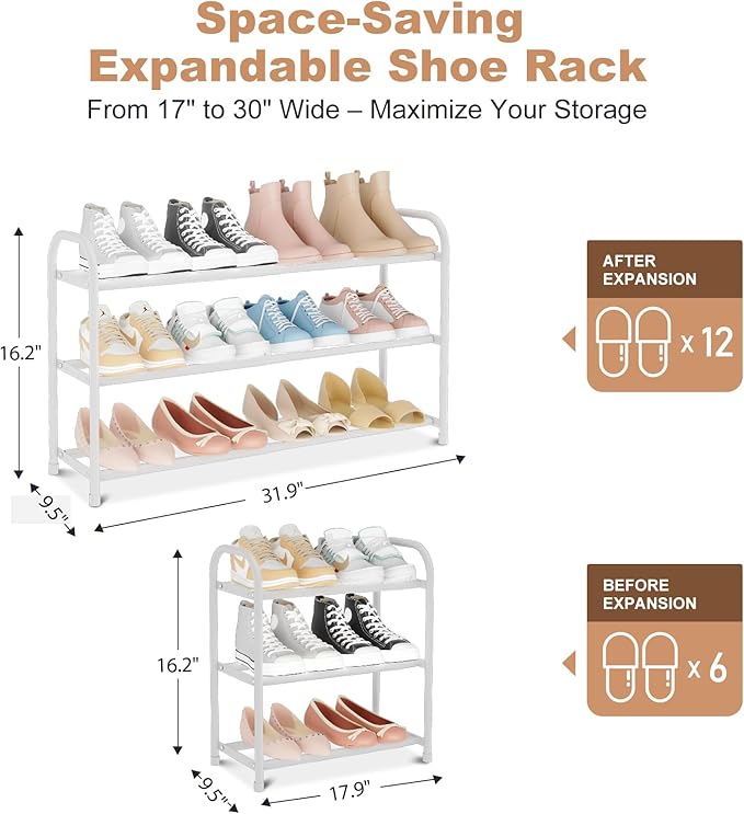 Expandable Shoe Rack for Closet, 18"-32" Metal Shoe Rack for Entryway 3-Tier Adjustable Width Free Standing Shoe Shelf 12 Pairs Small Shoe Organizer for Front Door Garage Bedroom Dorm, White