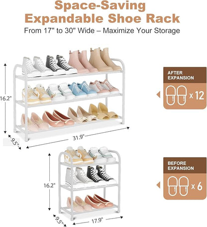 Expandable Shoe Rack for Closet, 18"-32" Metal Shoe Rack for Entryway 3-Tier Adjustable Width Free Standing Shoe Shelf 12 Pairs Small Shoe Organizer for Front Door Garage Bedroom Dorm, White