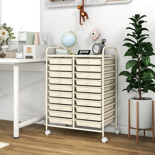 COSTWAY 20-Drawer Rolling Storage Cart, Utility Storage Organizer Cart for Tools, Scrapbook, Paper, Craft, Multipurpose Storage Trolley on Wheels for Home Office School, Ivory White