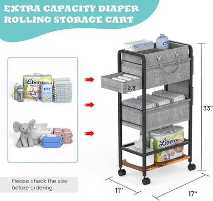 LIDTOP 2In1 Baby Diaper Caddy & 4-Tier Rolling Diaper Cart, Diaper Caddy Organizer Cart with Dividers & Drawer, Mobile Metal Bedside Cart for Nursery Essentials Storage, Large Capacity