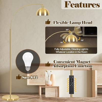 【Upgraded】 Arc Floor Lamps for Living Room - Stepless Dimmable Gold Tall Lamp with Remote Control & Color Temperature 9W LED Bulb, Over Couch Arched Reading Standing Lamp for Bedroom Brass