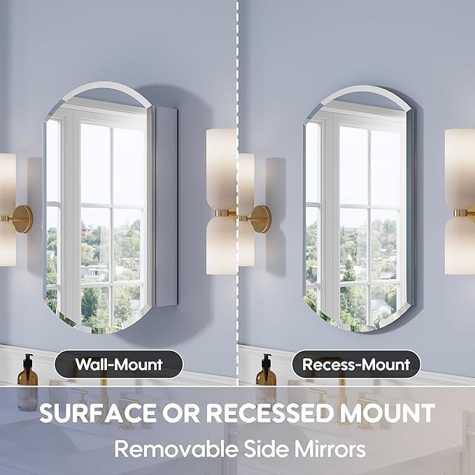 WELLFOR 20" x 32" Bathroom Oval Medicine Cabinet, Beveled Edge Mirror Cabinet, Medicine Cabinet with Adjustable Shelves, Bathroom Cabinet with Reverse Door Installation, Surface or Recessed Mount