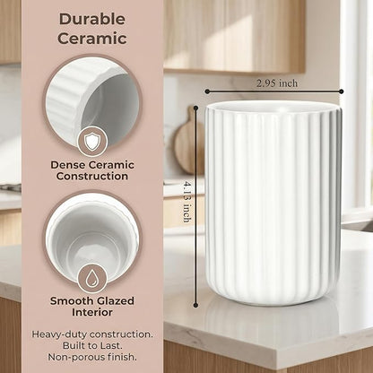 Ceramic Spoon Holder for Coffee Bar, Upright Tea Spoon Holder Cup, Coffee Stirrers Straws Stir Stick Holder, Spotted White Fluted Surface