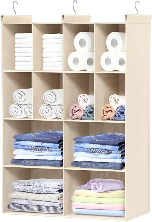Ofiray-home 4 Tier Hanging Closet Organizer, 12 Compartments Sweater Organizer for Closet with 3 Sturdy Hooks, Closet Organizers and Storage, Wardrobe, Rv, Garment Rack, Beige