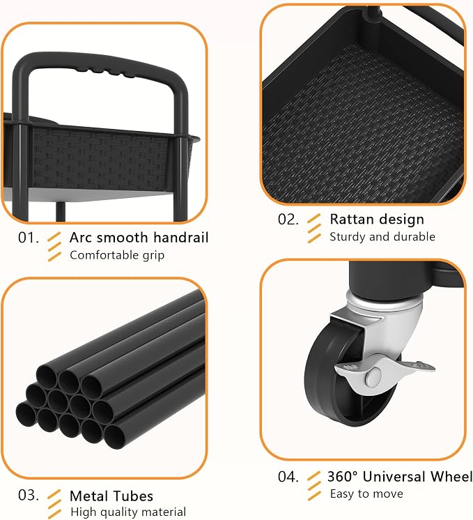 MOYIPIN 4-Tier Plastic Rolling Utility Cart with Handle, Utility Storage Cart for Office, Living Room, Kitchen, Movable Storage Organizer Shelves, Black