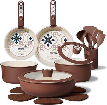 CAROTE 19Pcs Ceramic Cookware Set, Pots and Pans Set Non stick, Non Toxic Cookware Detachable Handle, Kitchen Cooking Set - Induction Cookware, Dishwasher/Oven Safe, PFAS Free, Chocolate