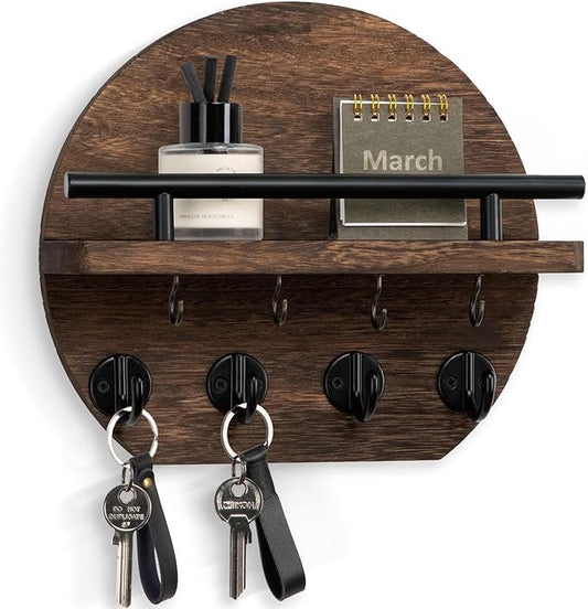 Nekon Key Holder for Wall - 9.8 Inch Apartment Wall Decor with Shelf and 8 Key Hooks, Circular Wood Key Hanger for Home Decor (Brown)