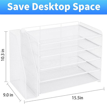 OPNICE Desk Organizer, 5-Tier Paper Organizer Letter Tray with Magazine Holder, Office Desk Accessories & Workspace Organizers, Desktop File Organizer for Office Supplies Storage, White