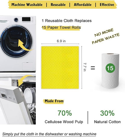 MoLKENE Swedish Dishcloths for Kitchen | 6 Pack Absorbent Cellulose Sponge Cloths Washable | Non-Scratch Reusable Paper Towels Quick Drying Cleaning Cloths - Yellow