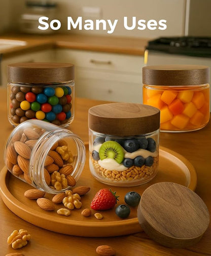 10oz 4 Pack Overnight Oats Containers with Lids, Glass Mason Jars with Acacia Wood Airtight Lids, Wide Mouth Meal Prep Storage Jars for Oats, Chia Pudding, Salad, Parfait, Snacks, Spice