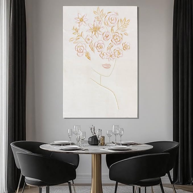 Framed Minimalist Wall Art, Beautiful Woman with Pink Flowers, Abstract Wall Art for Living Room, Aesthetic Posters for Room, Office Wall Decor for Women, 24" x 36"