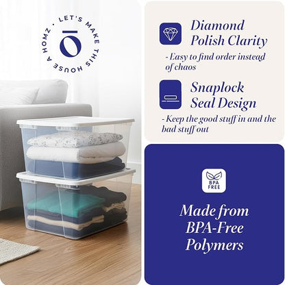 HOMZ 2-Pack Snaplock, Large Clear Plastic Storage Organizer Bins w/Lids, 56 Quart, White - Stackable Container Boxes for Bedroom, Bathroom, Garage, and Office Organization