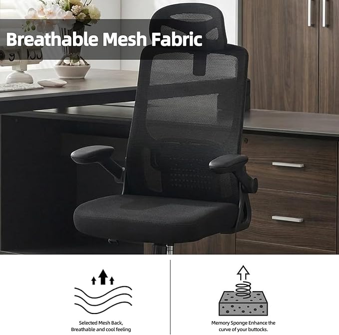 Office Computer Desk Chair, High Back Mesh Home Office Conference Room Chairs with Adjustable Headrest, Flip-Up Arms, Comfortable Lumbar Support, Black (Set of 10)