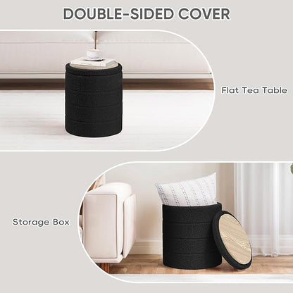 PINPLUS Round Storage Ottoman Foot Rest Stool with Tray Velvet Sherpa Folding Storage Ottoman,Boucle Foot Rest for Living Room, Bedroom, Dorm（Black）