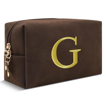 Personalized Initial Makeup Bag,Preppy Suede Cosmetic Bag for Teen Girls,Small Monogram Travel Toiletry Bag With Gold Embroidered Letter,Trendy Stuff Custom Christmas Gift for Women(Coffee-G)