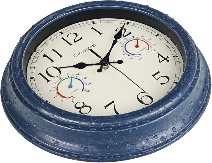 Outdoor Clock with Thermometer & Hygrometer Combo - Waterproof Vintage Coastal Decor Wall Clock for Patio, Pool, Garden, Backyard, Bathroom - 12 Inch, Blue