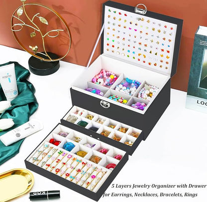 QBestry Earring Jewelry Box for Women Girls Stud Organizer, 5 Layers Black Jewelry Organizer Box With Lock Necklaces and Earrings Holder Jewelry Box with Earring Organizxer for Women Girls Xmas Gifts