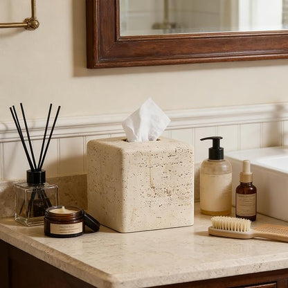 Natural Travertine Textures Tissue Box Cover Square for Home Decor,Resin Heavy Tissue Box Holder for Bathroom Countertop,Tabletop,Bedside Table,Office (Handmade of Resin)
