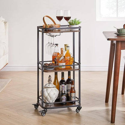 IBUYKE 3-Tier Home Bar Serving Cart,Kitchen Storage Carts with Wheels,11.79x15.72x33.01 inches,Rolling Mini Bar Cart for Home, Outdoor, Kitchen, Bedroom TMJ319H