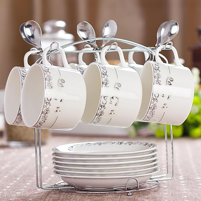 Tea Cups and Saucers Holder,Metal Tea Cups Coffee Cups Rack,Organizer for Coffee Cup Spoon and Saucers (Silver)